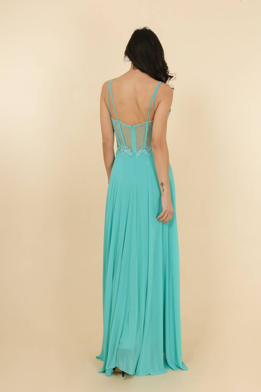 Langes Abendkleid mit Spitze und Riemen R1854
