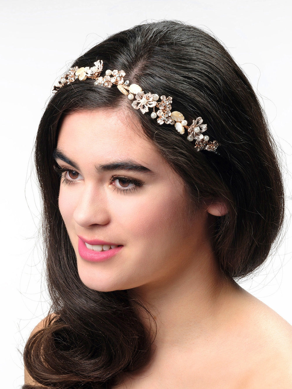 Tiara mit Blumen, Blättern und Strasssteinchen