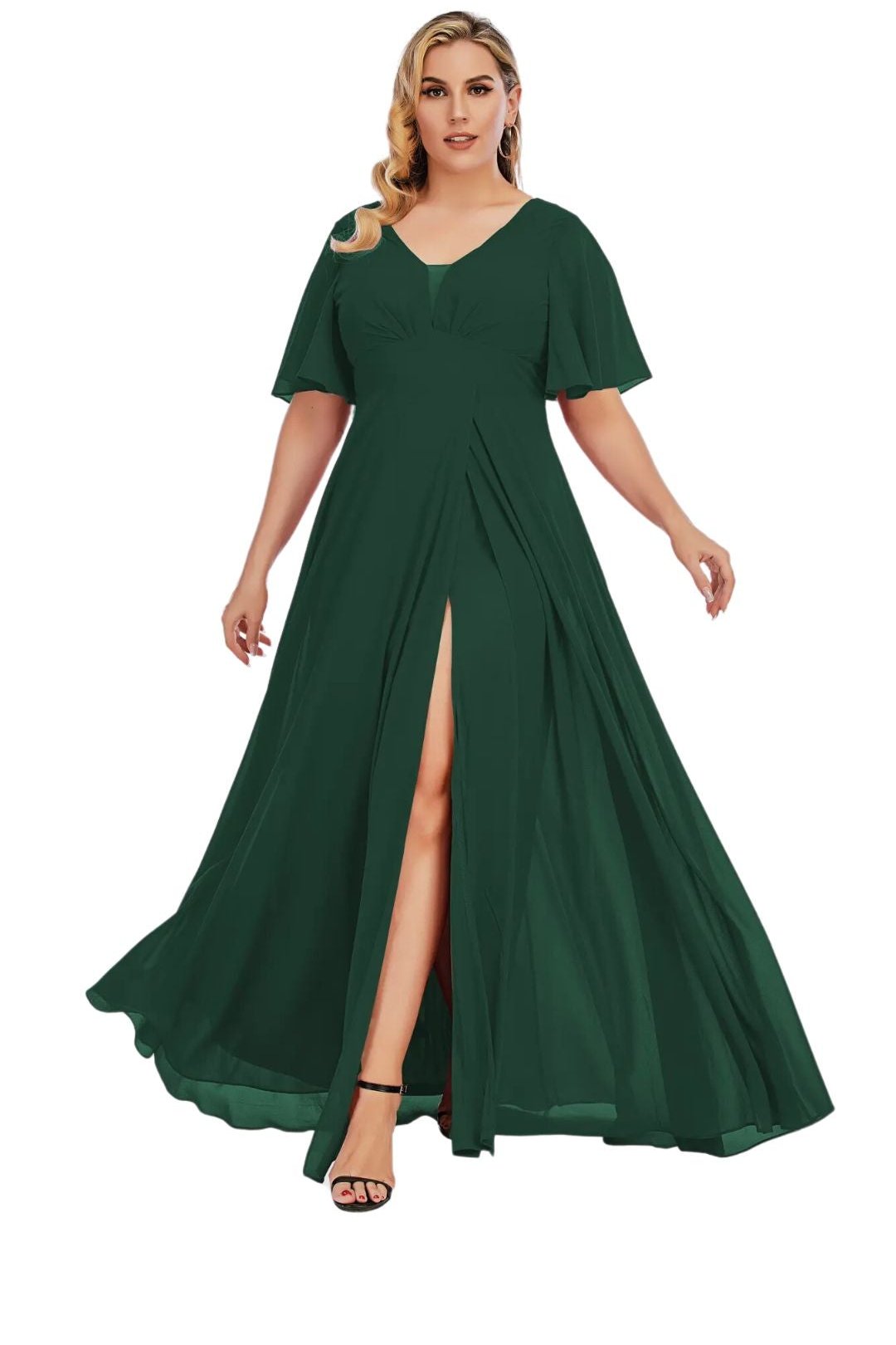 Abendkleid in Dunkelgrün mit Schlitz und Flügelärmeln