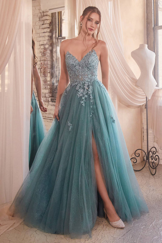 TRÄGERLOSES A-LINIENKLEID AUS SPITZE UND TÜLL