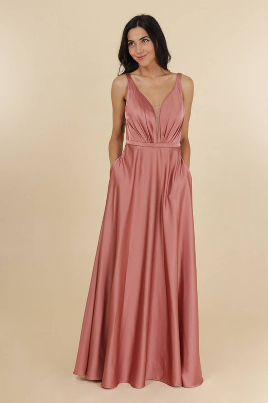 Langes Abendkleid aus Satin mit V-Ausschnitt R1827